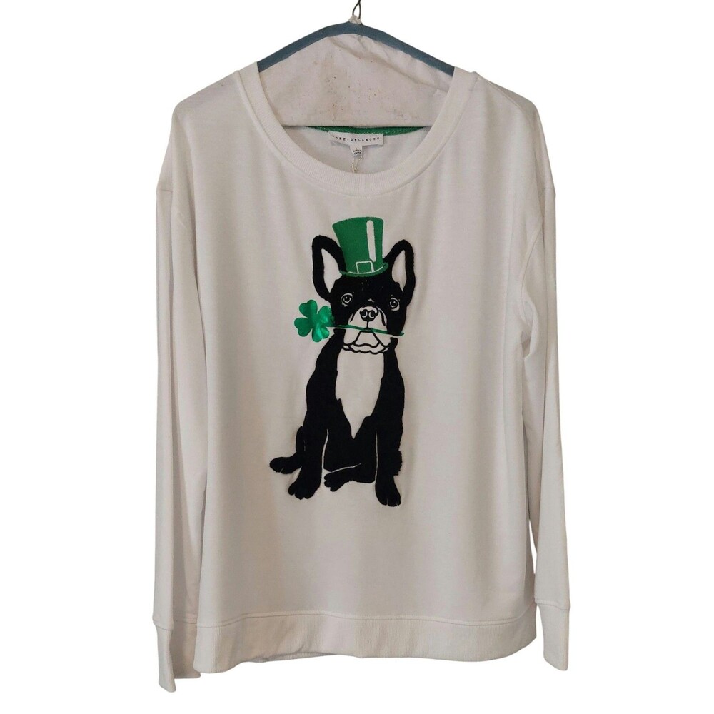 Jane Delancey White Boxy Crew Neck Boston Terrier Sweatshirt L Leprechaun NWT